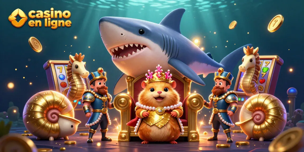 Gagnez avec le roi hamster au casino en ligne, entouré de machines à sous et de pièces d'or