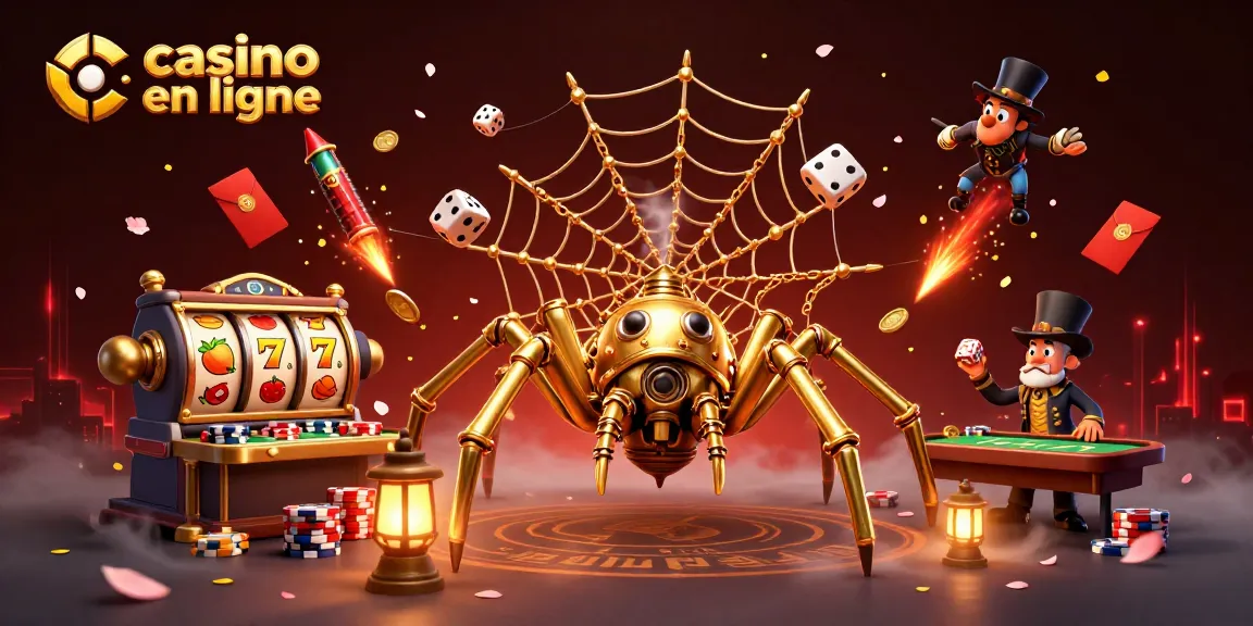 Le casino en ligne s'anime avec une araignée steampunk construisant une toile de jeux en or.