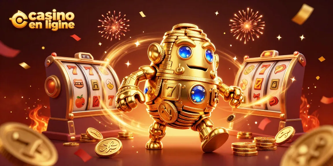 Plongez dans l'univers vibrant du casino en ligne avec ce golem d'or, symboles de chance et ambiance festive.