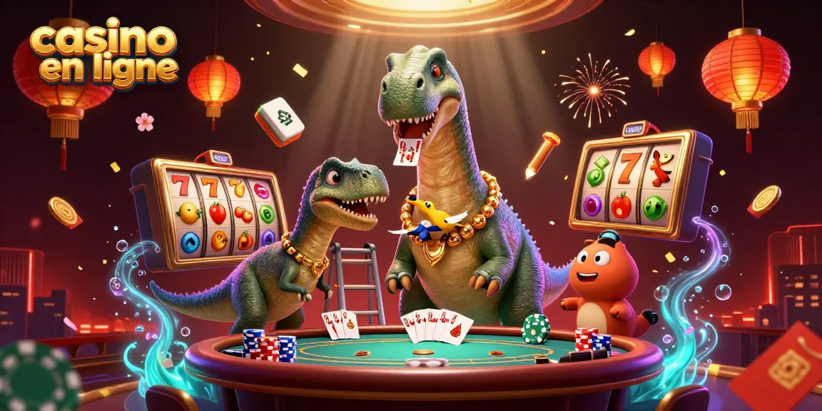 Illustration de casino en ligne avec un brontosaure, un raptor et des éléments de jeu captivants.