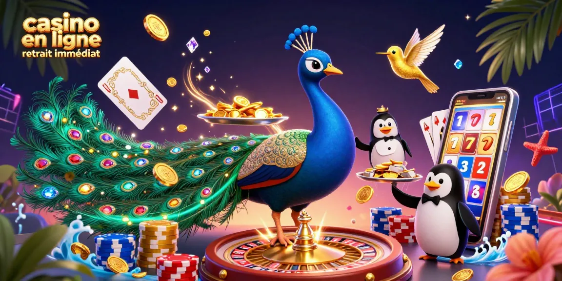Visualisez le casino en ligne retrait immédiat avec un paon aristocratique et des jetons d'or