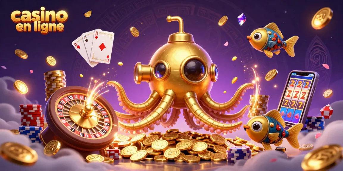 Visualisez l'excellence du casino en ligne avec un kraken doré et des jetons étincelants.