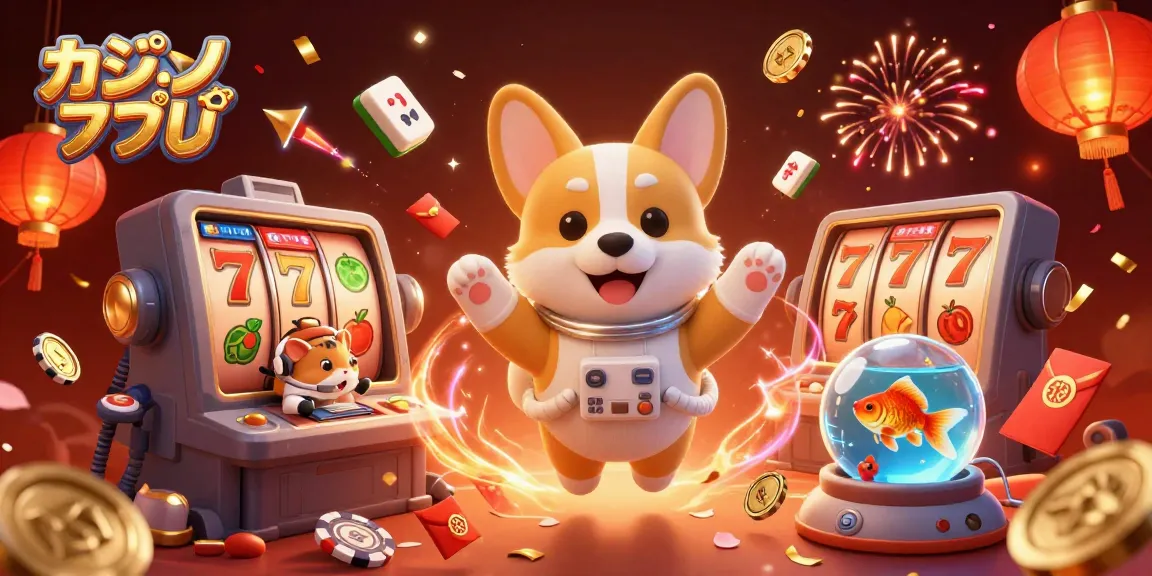 カジノアプリを使って宇宙空間でプレイするコーギーのイラスト。