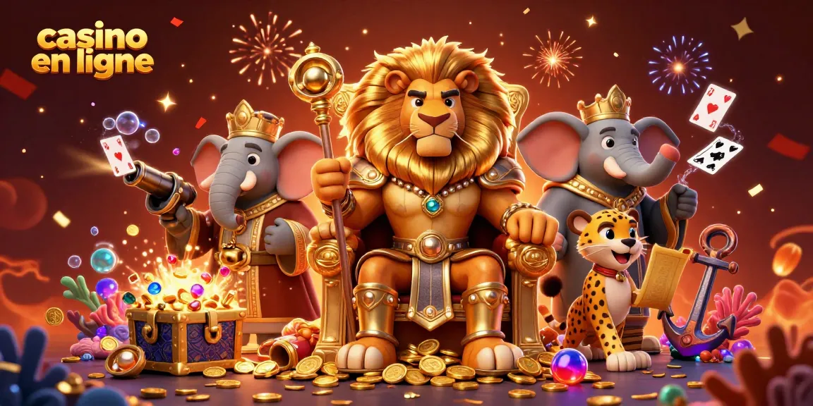 Illustration dynamique de jeu de casino en ligne avec un lion roi, un éléphant sage et un guépard messager.
