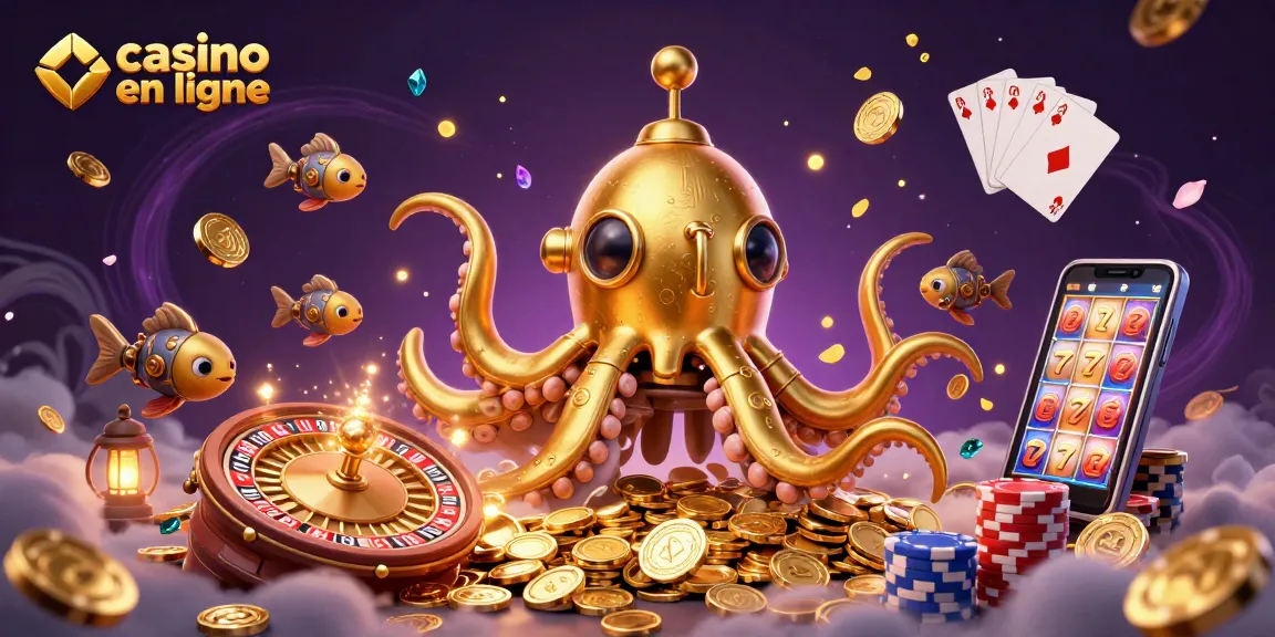 Plongez dans l'univers du casino en ligne à travers une illustration captivante de kraken doré et de jeux de cartes.