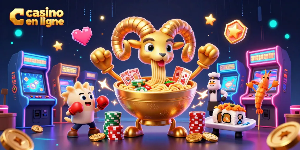 Une illustration dynamique de casino en ligne avec un bol de ramen géant et des éléments de jeu captivants.