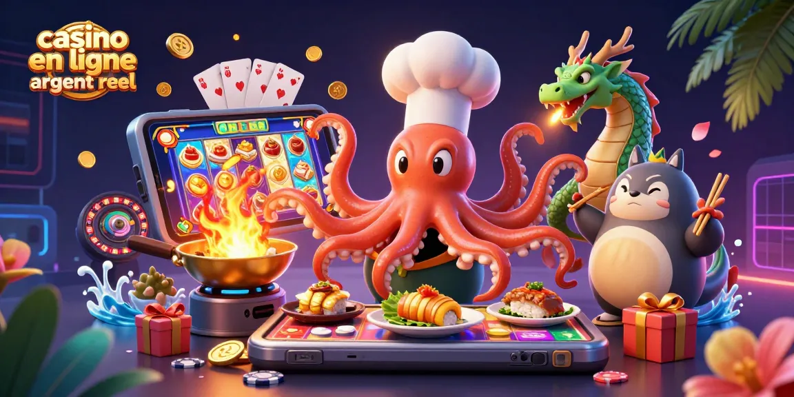 Plongez dans le monde captivant du casino en ligne argent réel avec une scène dynamique incluant un chef sushi, un dragon et un client.