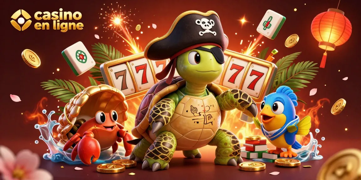 Vivez l'expérience du casino en ligne avec une illustration dynamique de la tortue pirate et ses alliés, entourée de trésors.