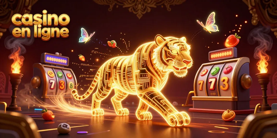 Plongée dans l'univers du casino en ligne avec un tigre doré et des éléments de jeu vibrants.