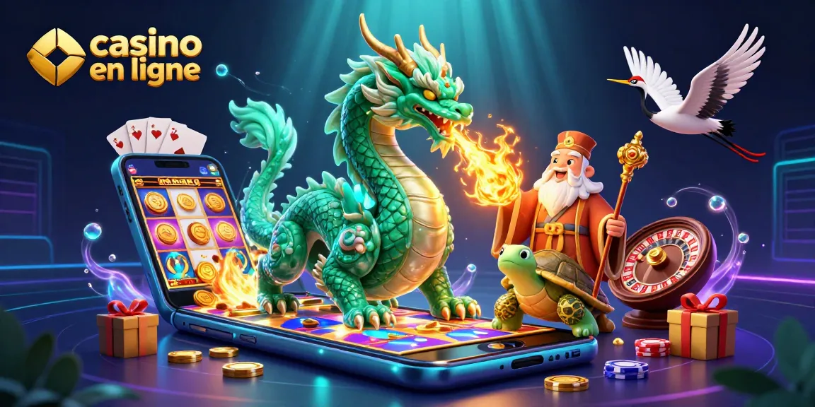 Un dragon jade massif fait briller les pièces d'or dans le casino en ligne, attirant la chance.