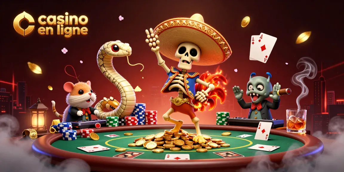 Animation festive de casino en ligne avec un squelette et un serpent à momie sur une table de poker.
