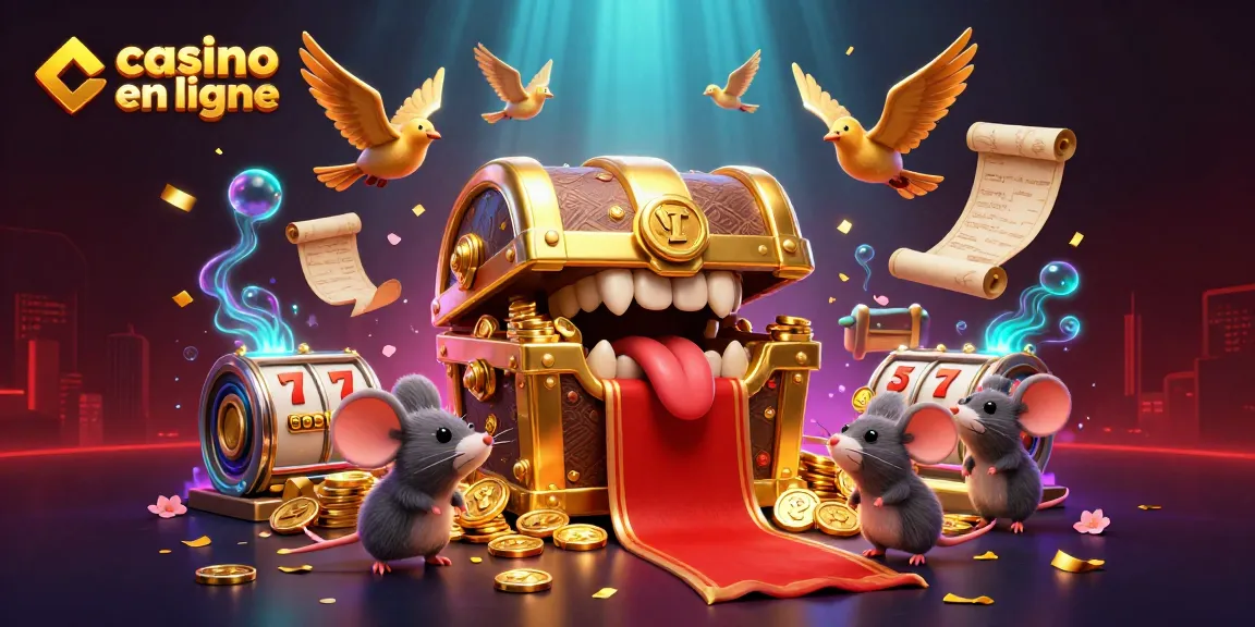 Profitez de l'excitation du casino en ligne avec un coffre au trésor en 3D, des souris aventurières et des rouleaux de machines à sous.