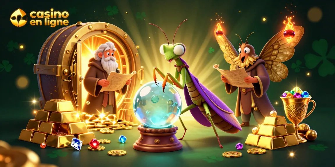 Illustration captivante d'un casino en ligne, avec des personnages fantastiques et des trésors brillants.