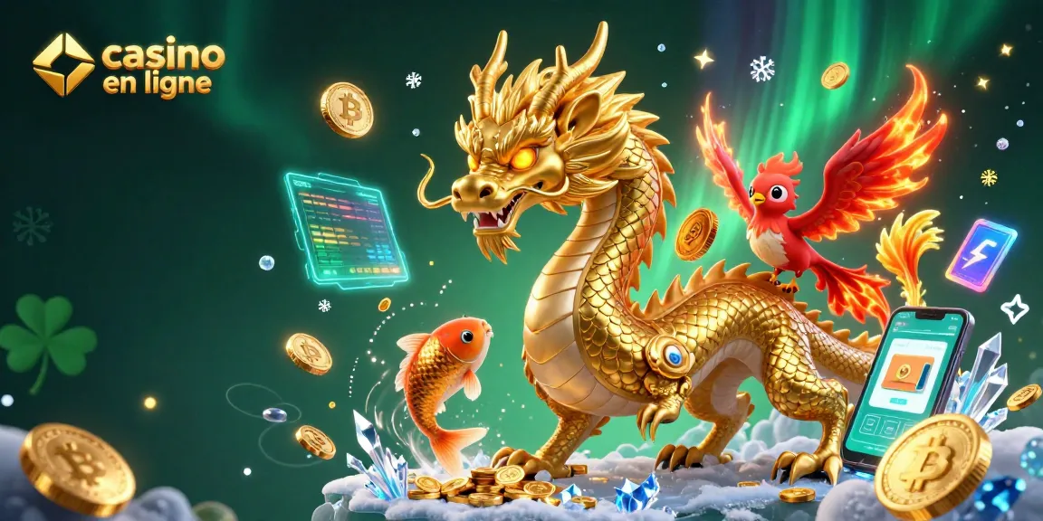 Jouez au casino en ligne avec un dragon doré, un phoenix rouge et un poisson koi, entourés de pièces et d'éléments crypto.