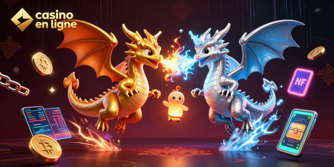 Une scène dynamique de dragons en vol illustre le casino en ligne et des crypto-monnaies.
