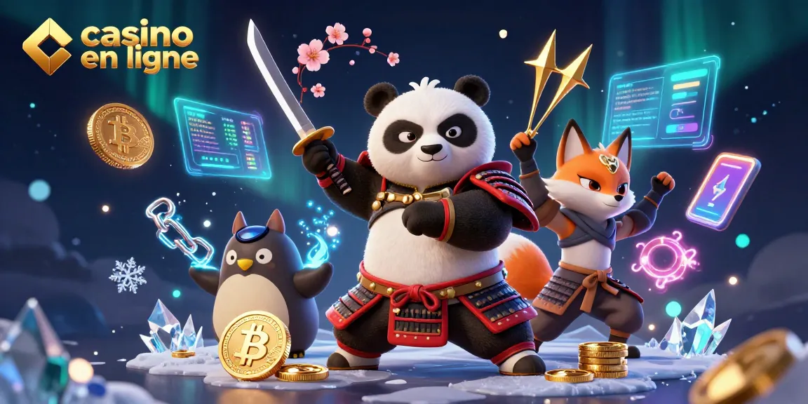Illustration dynamique d'un samouraï panda et d'un renard ninja dans un casino en ligne.