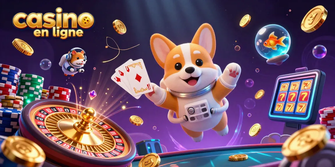 Plongez dans l'univers captivant du casino en ligne avec un corgi astronaute flottant parmi les jetons et les pièces d'or.