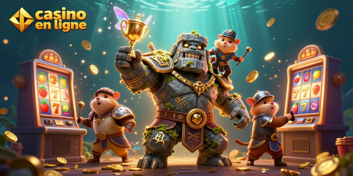 Vous jouez sur un casino en ligne avec un golem magique, une fée et un hamster, entouré de jackpots.