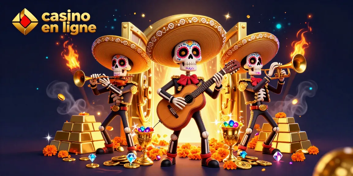 Jouez à casino en ligne avec une illustration festive de mariachi et des trésors scintillants.
