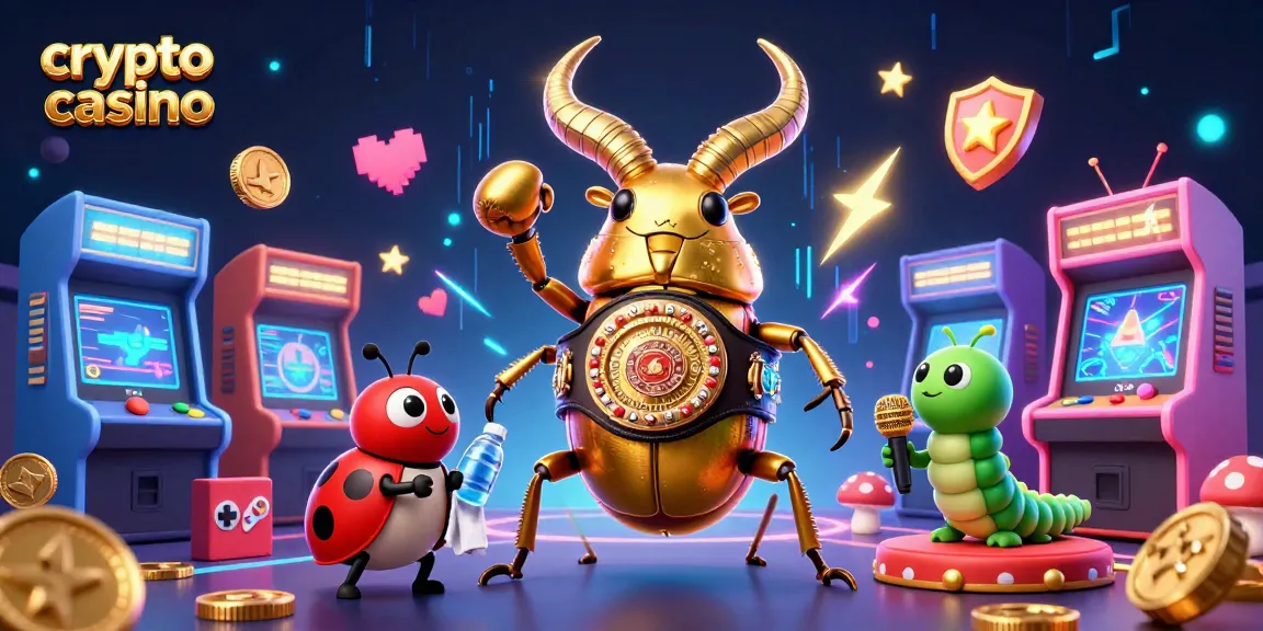 Un casino crypto captivant avec un scarabée doré boxeur, des jeux lumineux et un papillon de nuit.