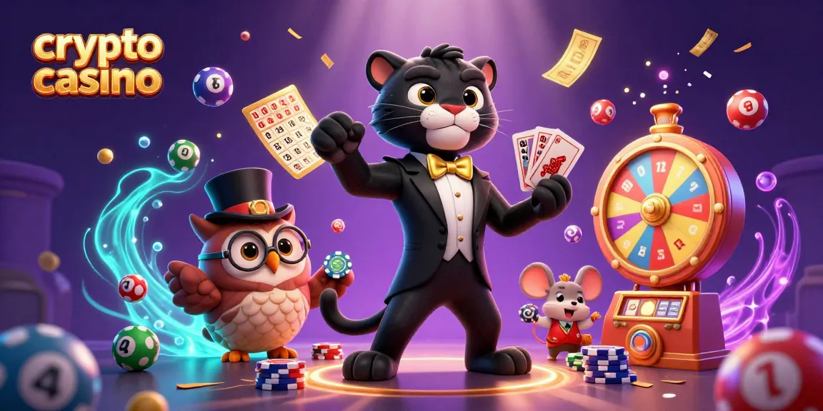 Découvrez un casino crypto où un élégant panthère et ses amis jouent aux cartes avec des billets d'or et des bolas colorées.