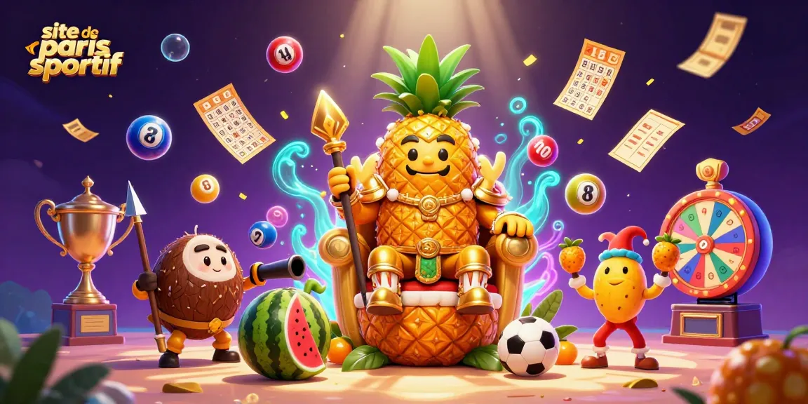 Gagnez sur votre site de paris sportif avec un roi ananas et des éléments de jeux colorés.