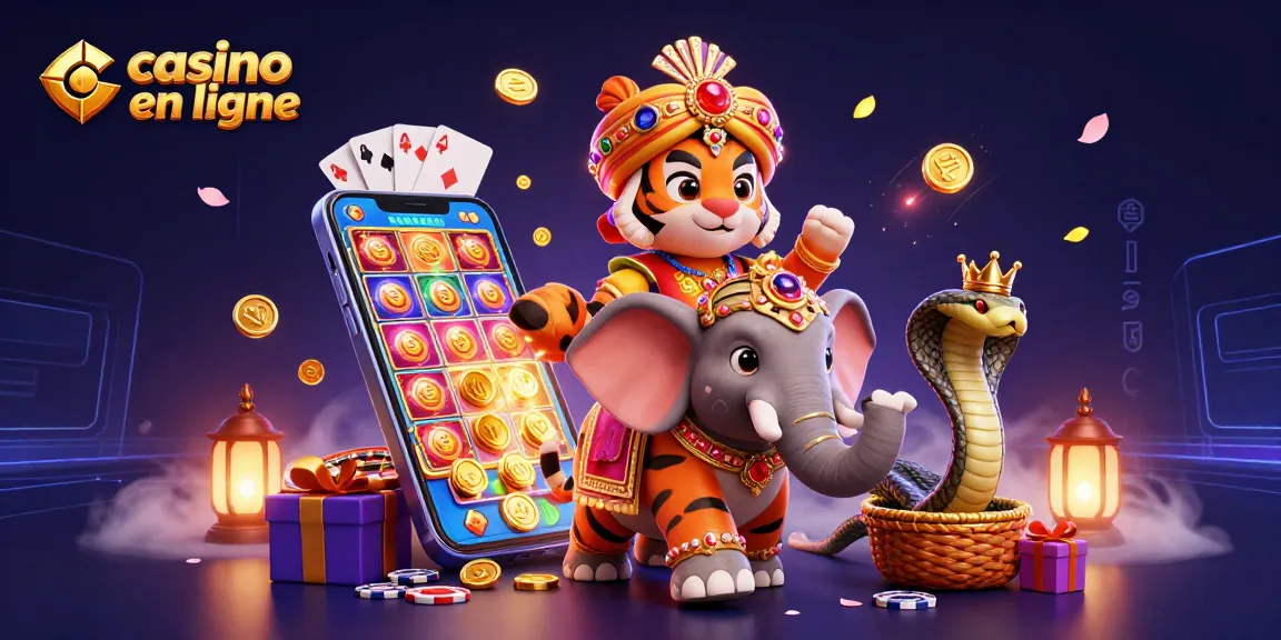 Visualisez une scène captivante de casino en ligne avec un tigre royal et un éléphant en 3D.
