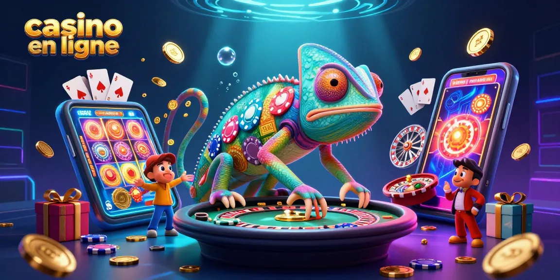 Une scène animée avec un propriétaire caméléon de casino en ligne capturant des pièces d'or, entouré de jeux et de cartes.