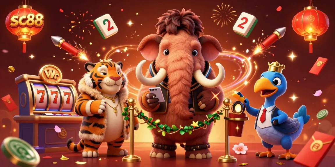 Engage with sc88 and win at the casino, featuring a mammoth bouncer, saber-tooth tiger, and festive elements.