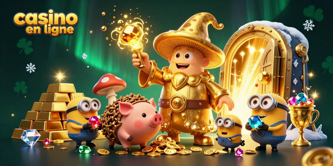 Jouez au casino en ligne avec cette illustration dynamique de personnages de jeux, trésors et magie.