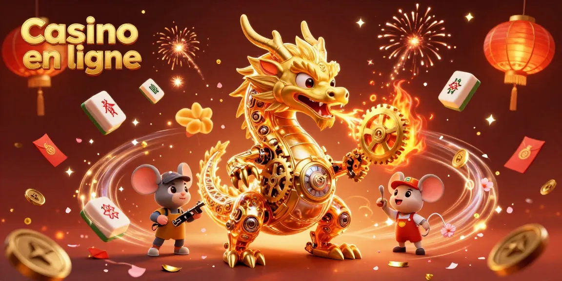Jouer dans un casino en ligne captivant avec un dragon doré et des éléments festifs animés.