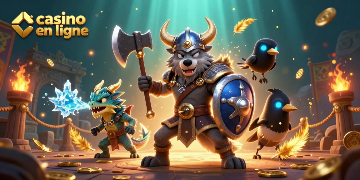 Ce casino en ligne présente un guerrier viking et un dragon, entourés de pièces d'or et d'effets féeriques.