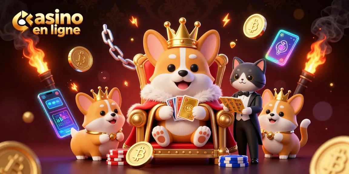 Jouez au casino en ligne avec des corgis royaux et éléments de cryptomonnaie en arrière-plan.