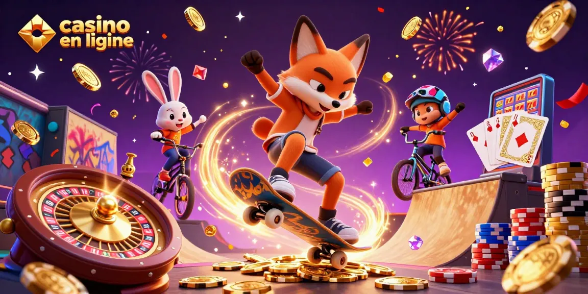 Illustration d'un casino en ligne avec un renard skate et un lapin BMX, jeux de casino dynamiques.