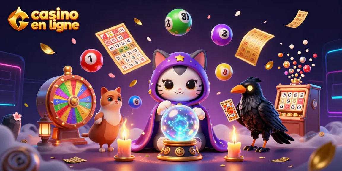 Plongez dans l'univers du casino en ligne avec ce chat mystique et un corbeau tirant des cartes, entourés de balles de loterie colorées.