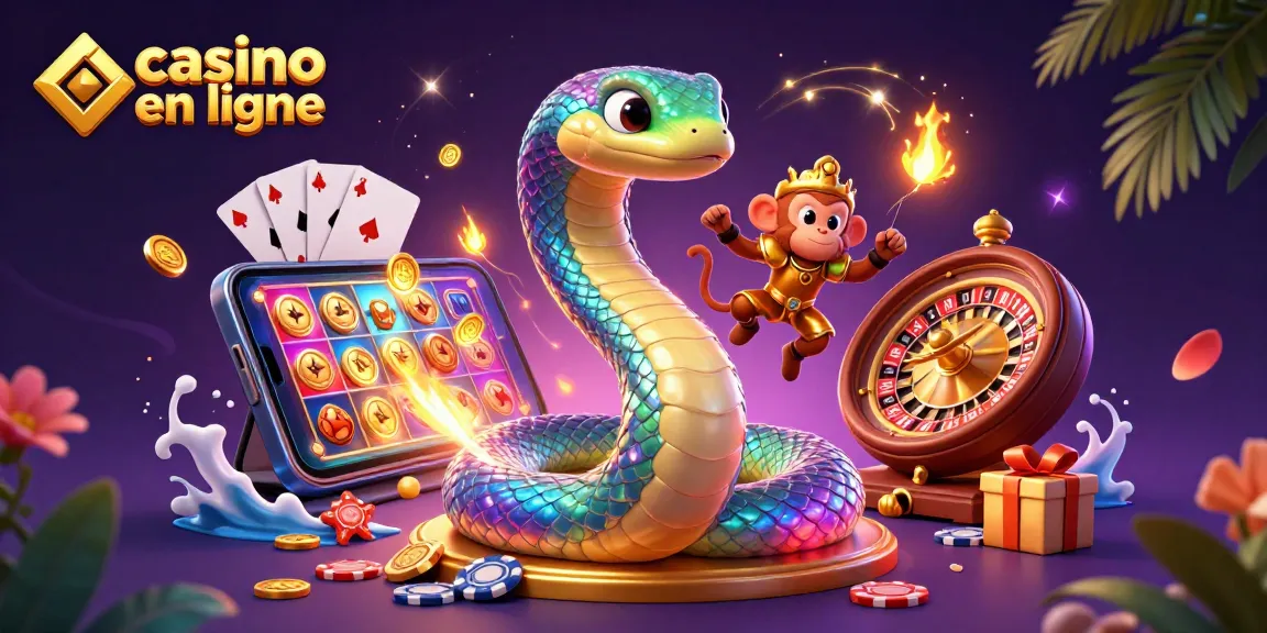 Plonger dans l'univers du casino en ligne avec une scène animée et colorée de serpent arc-en-ciel, roi singe et jeux de cartes.